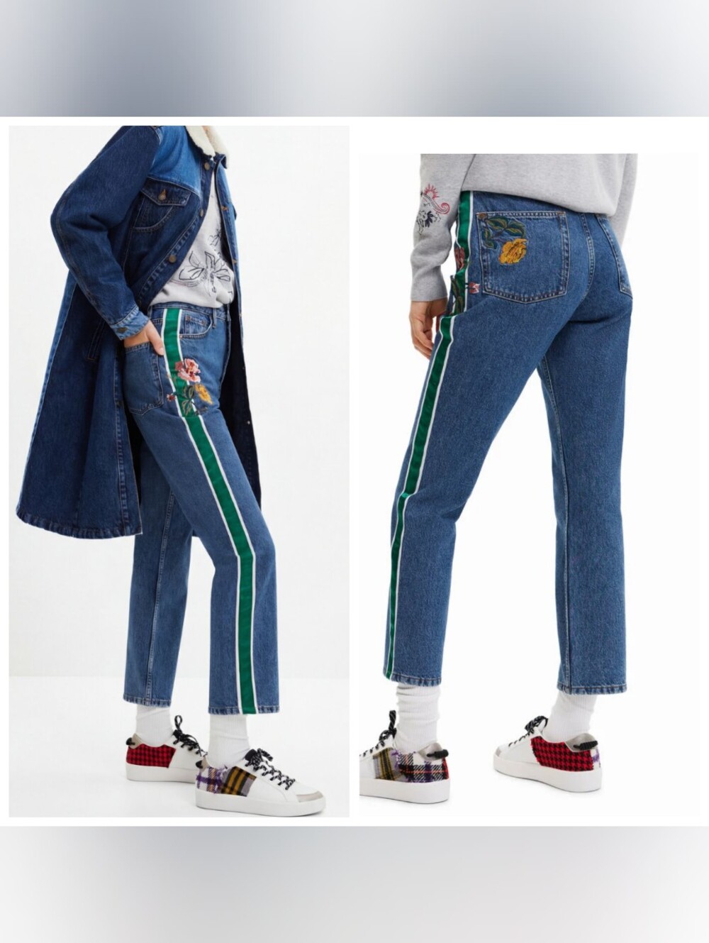 DESIGUAL Floral Embroidered Satin Stripe Mom Jeans  Blue Denim  Boho Chic 42